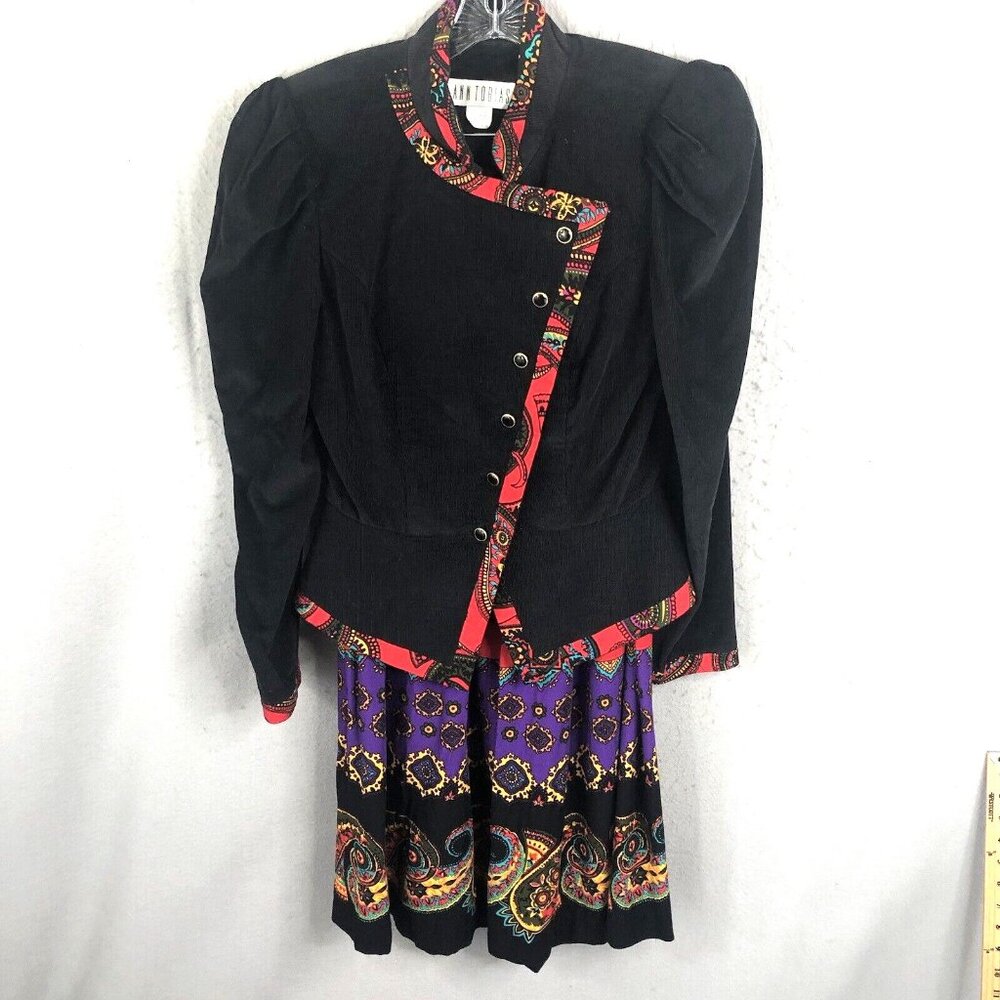 Vintage Ann Tobias Skirt Suit Womens 12 Black Corduroy Puff Sleeves Retro 80s